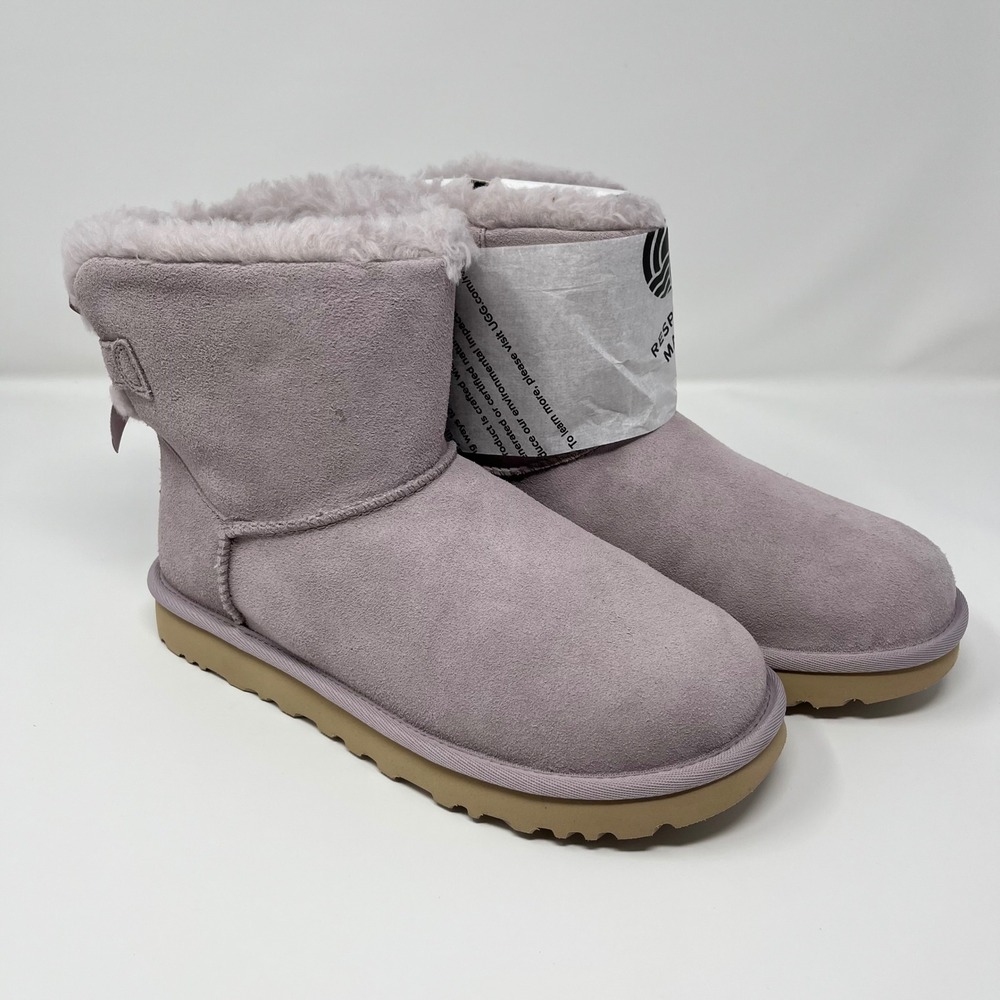 UGG‎ Mini Bailey Bow Logo Pale Smoke Suede Boots 1153611 Womens 7